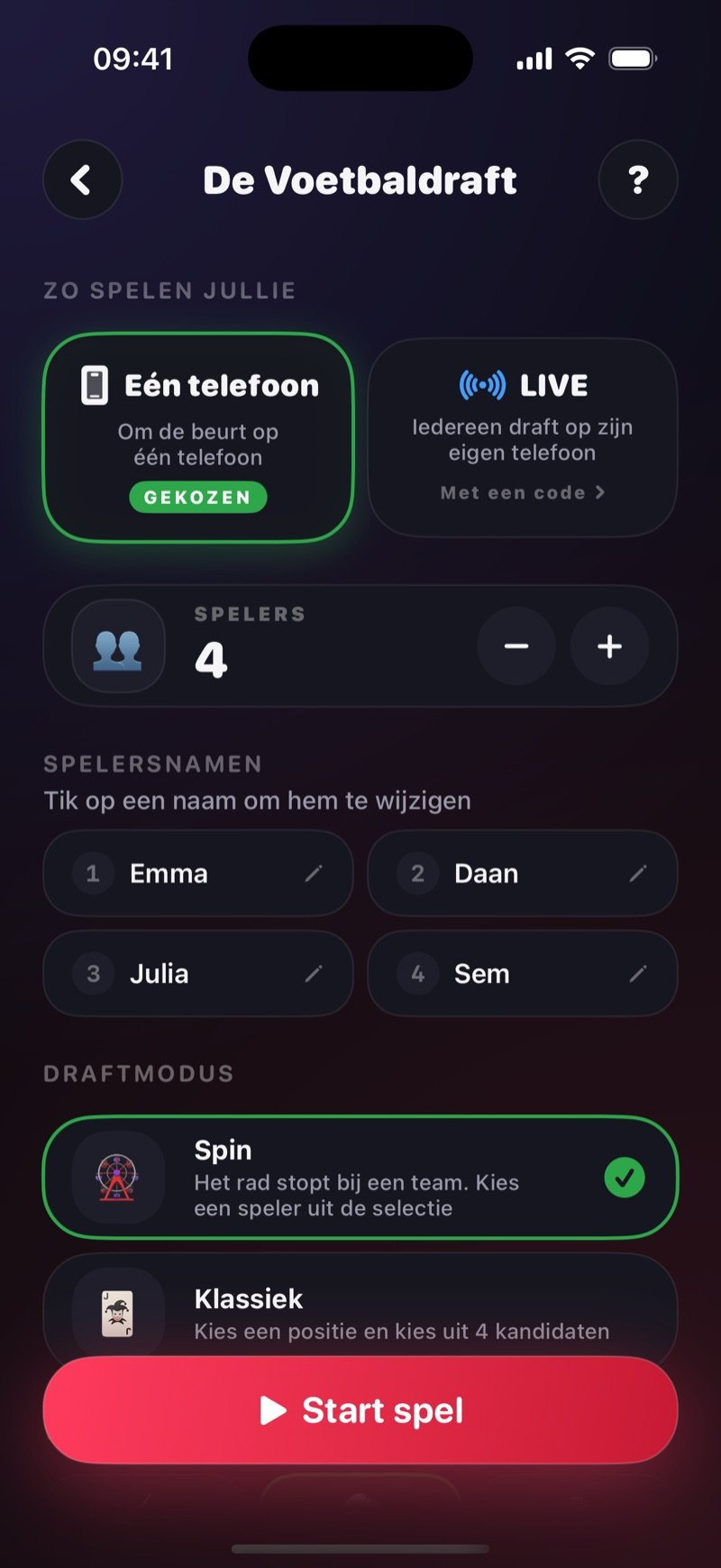 Setupscherm van De Voetbaldraft in Dronk: How you play met One phone geselecteerd en een optie LIVE, 4 spelers met de namen Olivia, Jake, Mia en Tyler, draftmechaniek Spin geselecteerd boven Classic, en een knop Start Game (screenshot van de Engelse versie)