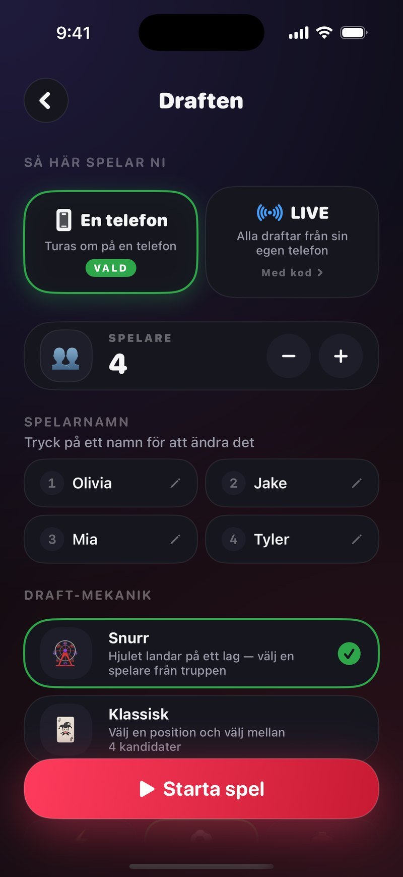 Inställningen i Draften: En telefon är vald bredvid LIVE med kod, 4 spelare med namnen Olivia, Jake, Mia och Tyler, draft-mekaniken Snurr markerad över Klassisk, och knappen Starta spel