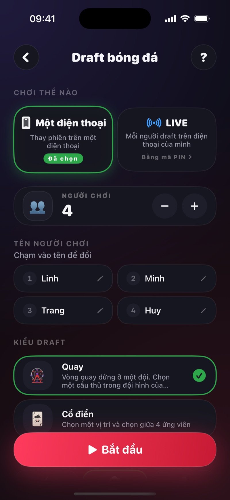 Màn hình thiết lập Draft bóng đá trong Dronk: chọn chơi trên một điện thoại hoặc LIVE, tên người chơi, kiểu draft Quay hoặc Cổ điển, và nút Bắt đầu