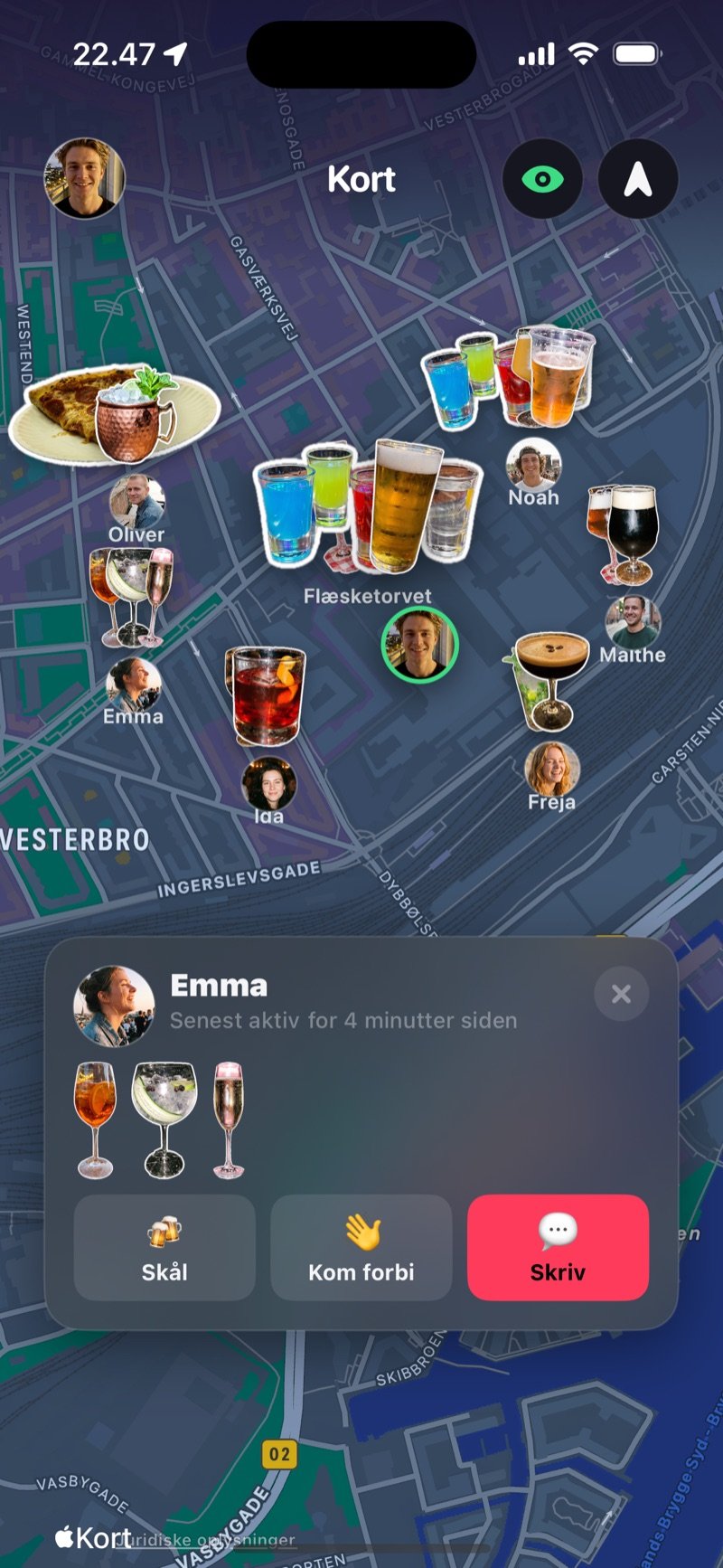 Kortet i Dronk med venner og deres glas i aften