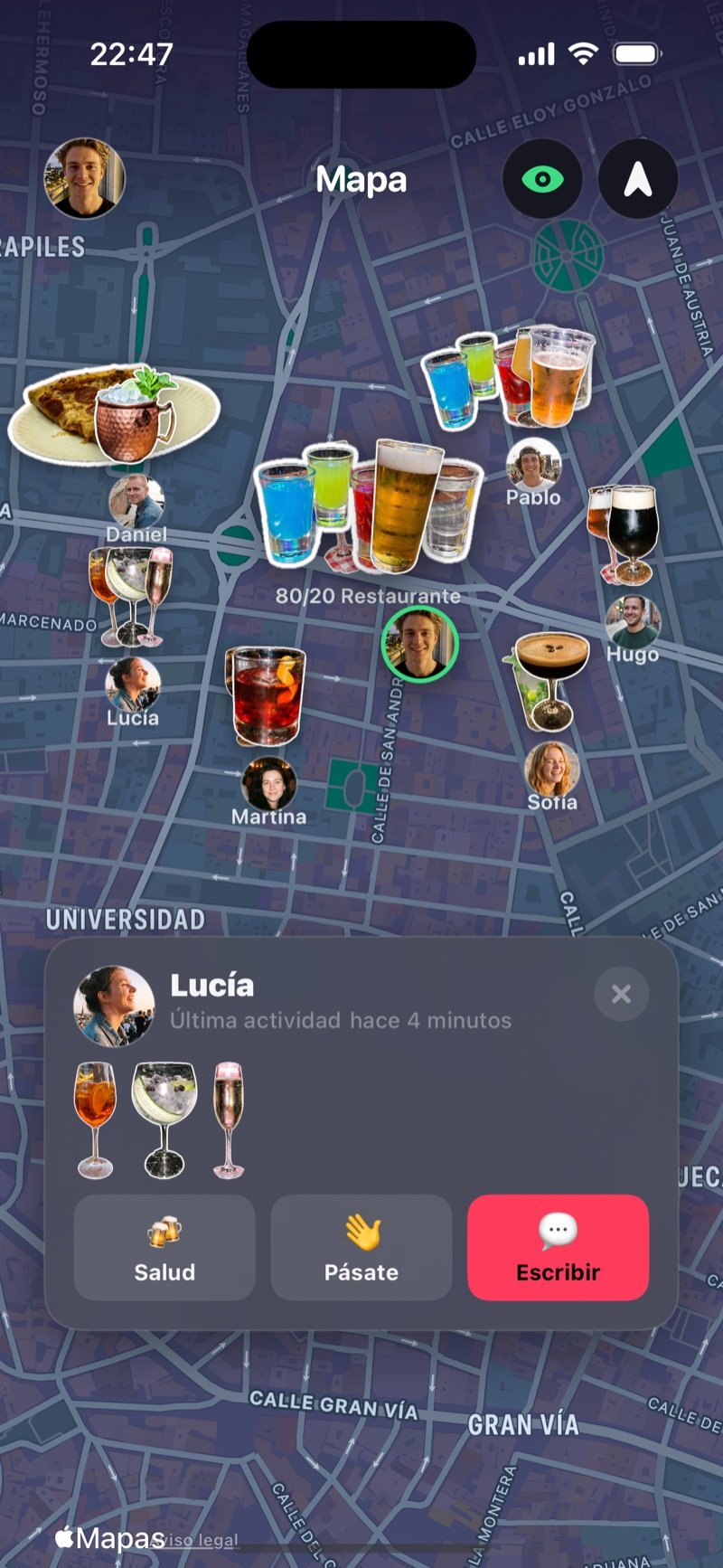 El mapa de Dronk con tus amigos y sus vasos de esta noche