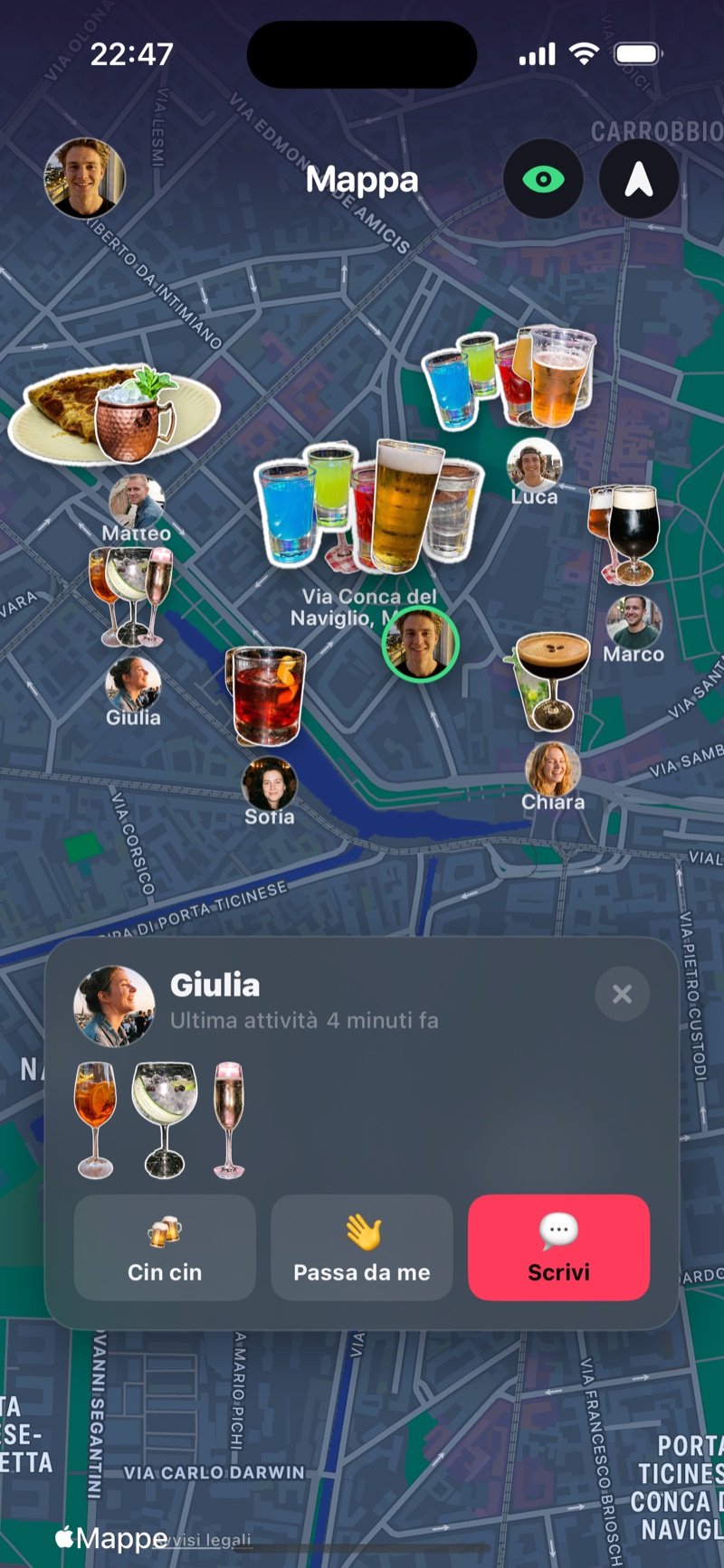 La mappa di Dronk con gli amici e i loro bicchieri stasera