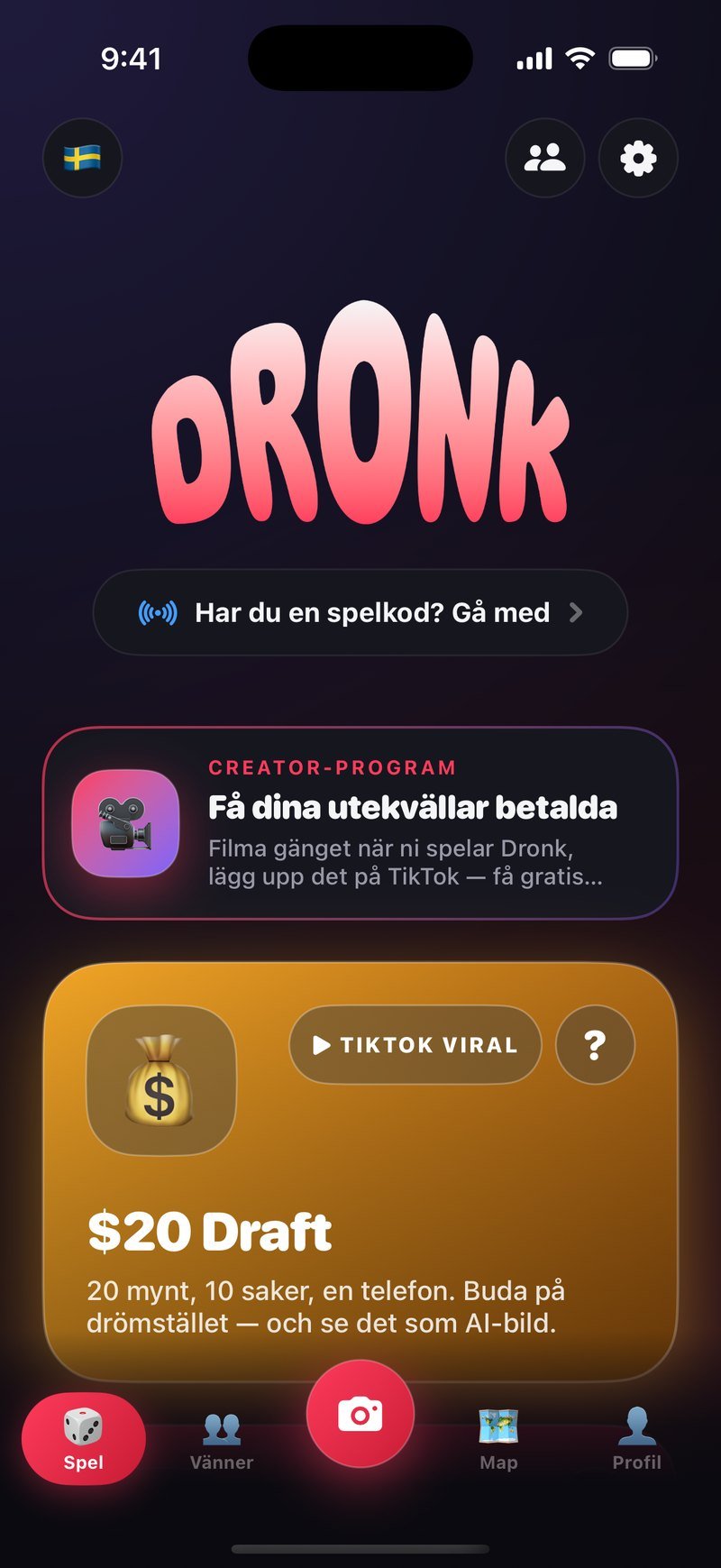 Startsidan i Dronk-appen på svenska med ordmärket DRONK, raden Har du en spelkod? Gå med, och spelet $20 Draft
