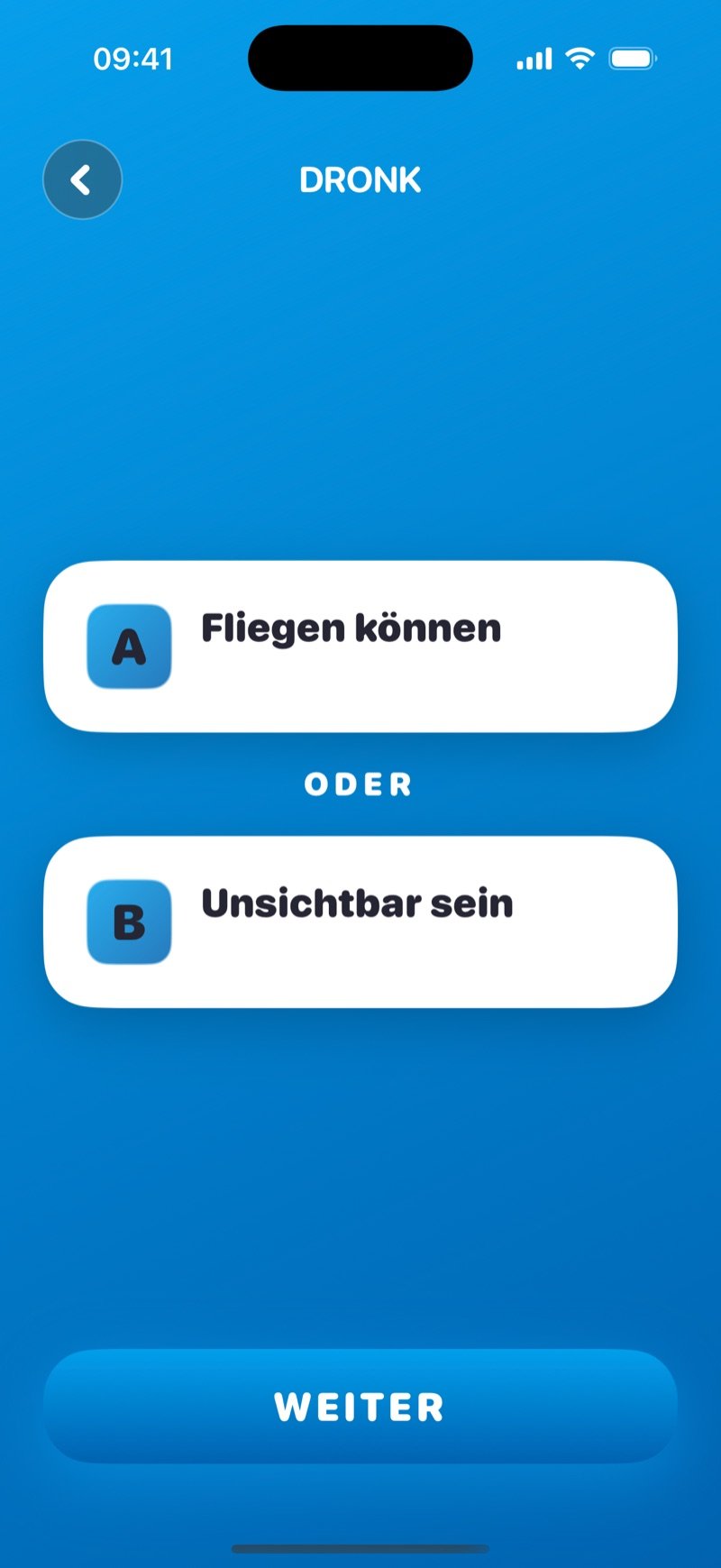 Würdest du eher in der Dronk App: die Karte mit 'Would you rather be able to fly or be invisible?' in der englischen Version