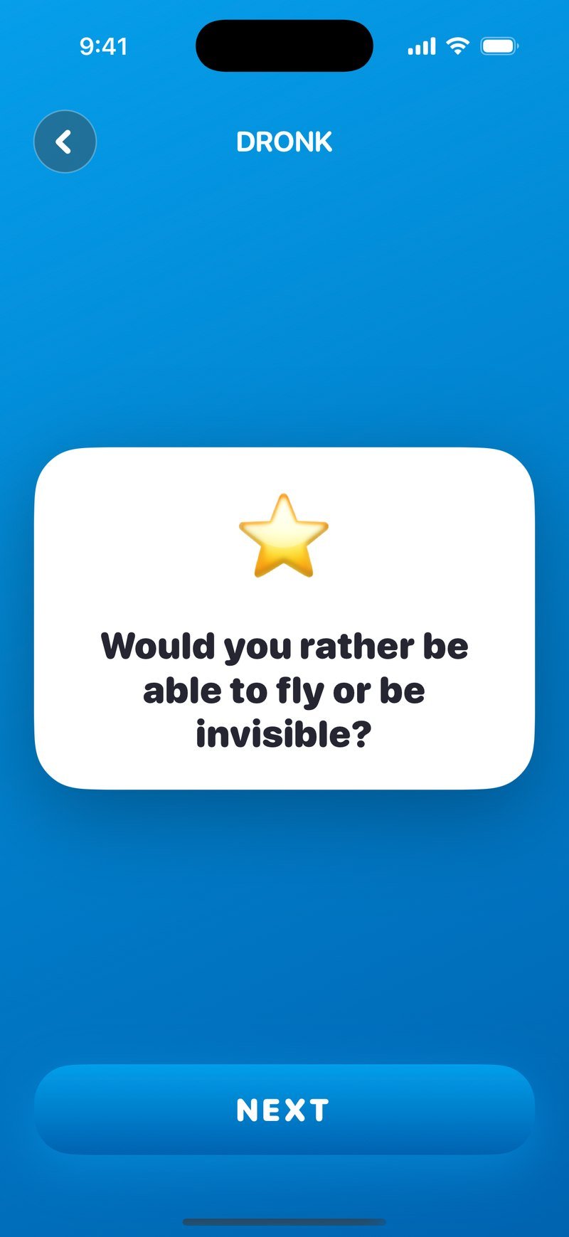 Dronk 앱의 밸런스게임: 카드에 'Would you rather be able to fly or be invisible?'(하늘을 날 수 있기 vs 투명인간 되기)