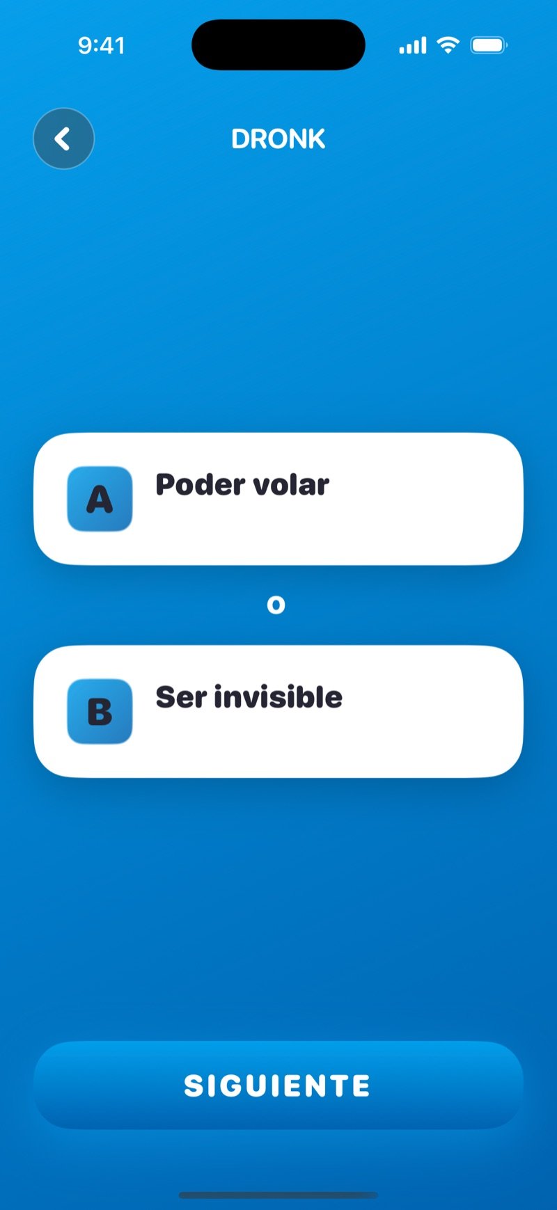 Qué prefieres en la app Dronk: una carta con dos opciones