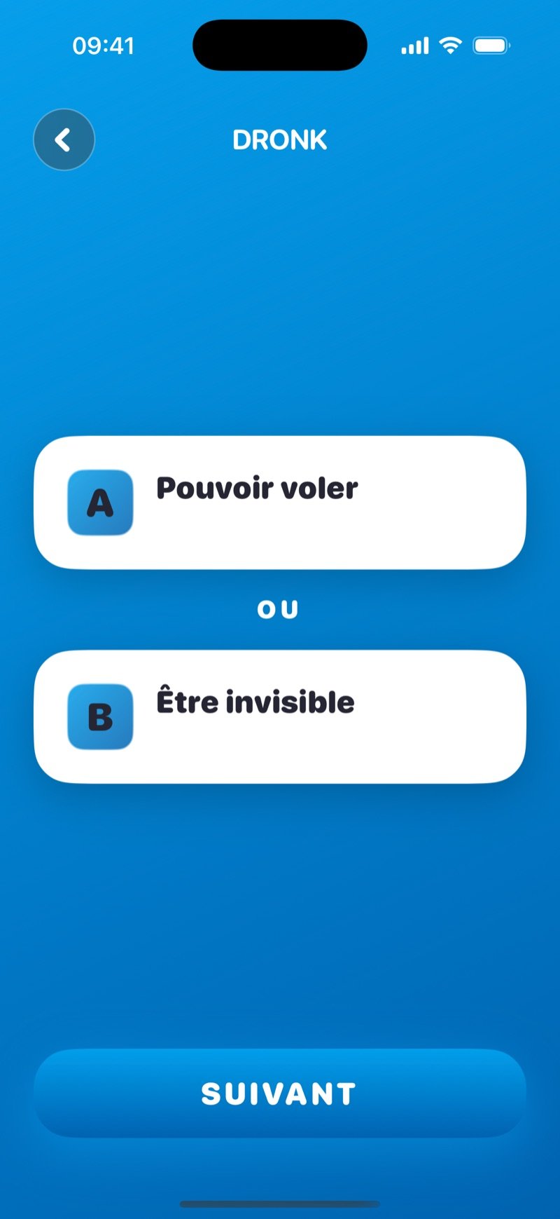 Tu préfères dans l'app Dronk : 'Would you rather be able to fly or be invisible?' sur la carte (capture de la version anglaise)