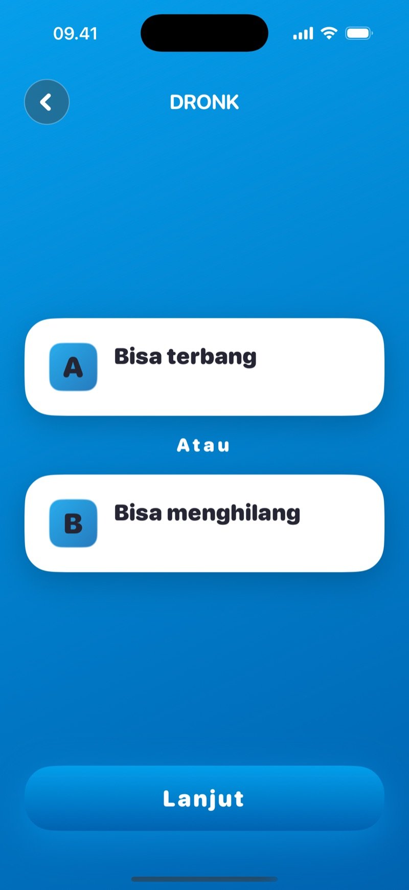 Kamu Pilih Mana? di aplikasi Dronk: kartu dengan dua pilihan