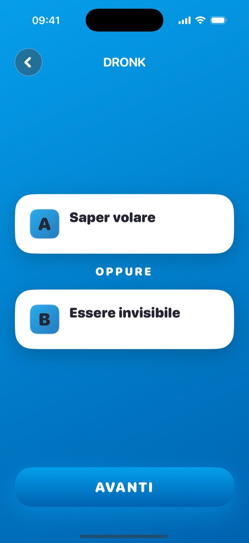 Preferiresti nell'app Dronk: 'Would you rather be able to fly or be invisible?' sulla carta (screenshot della versione inglese)