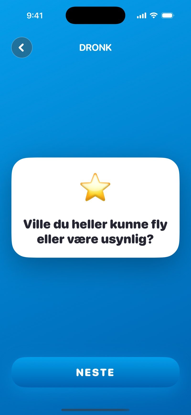 Hva vil du helst i Dronk på norsk: kortet spør om du heller vil kunne fly eller være usynlig