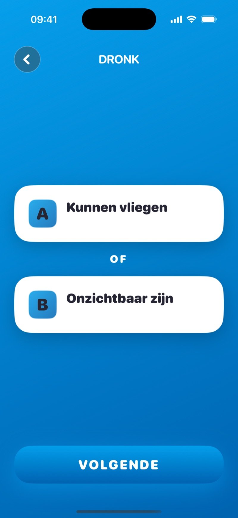 Zou je liever in de Dronk-app: 'Would you rather be able to fly or be invisible?' op de kaart (screenshot van de Engelse versie)