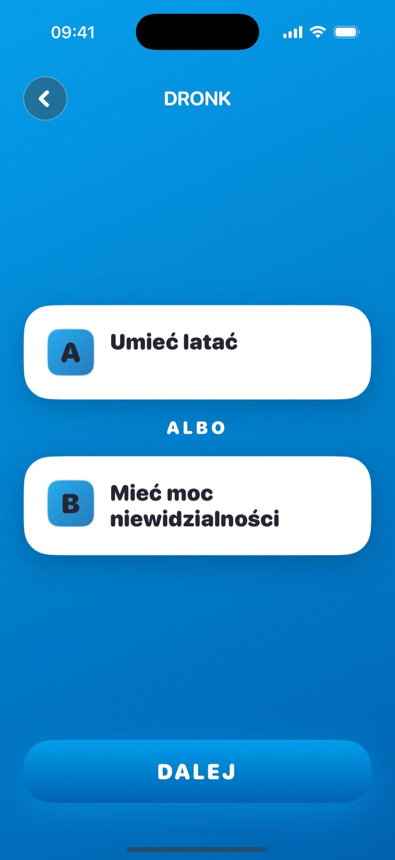 Co wolisz w apce Dronk: 'Would you rather be able to fly or be invisible?' na karcie (zrzut z wersji angielskiej)