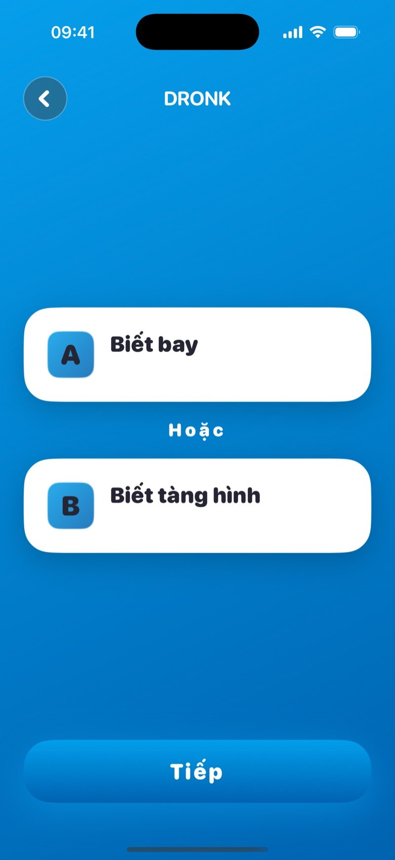 Chọn 1 trong 2 trong app Dronk: một câu hỏi hai lựa chọn trên lá bài