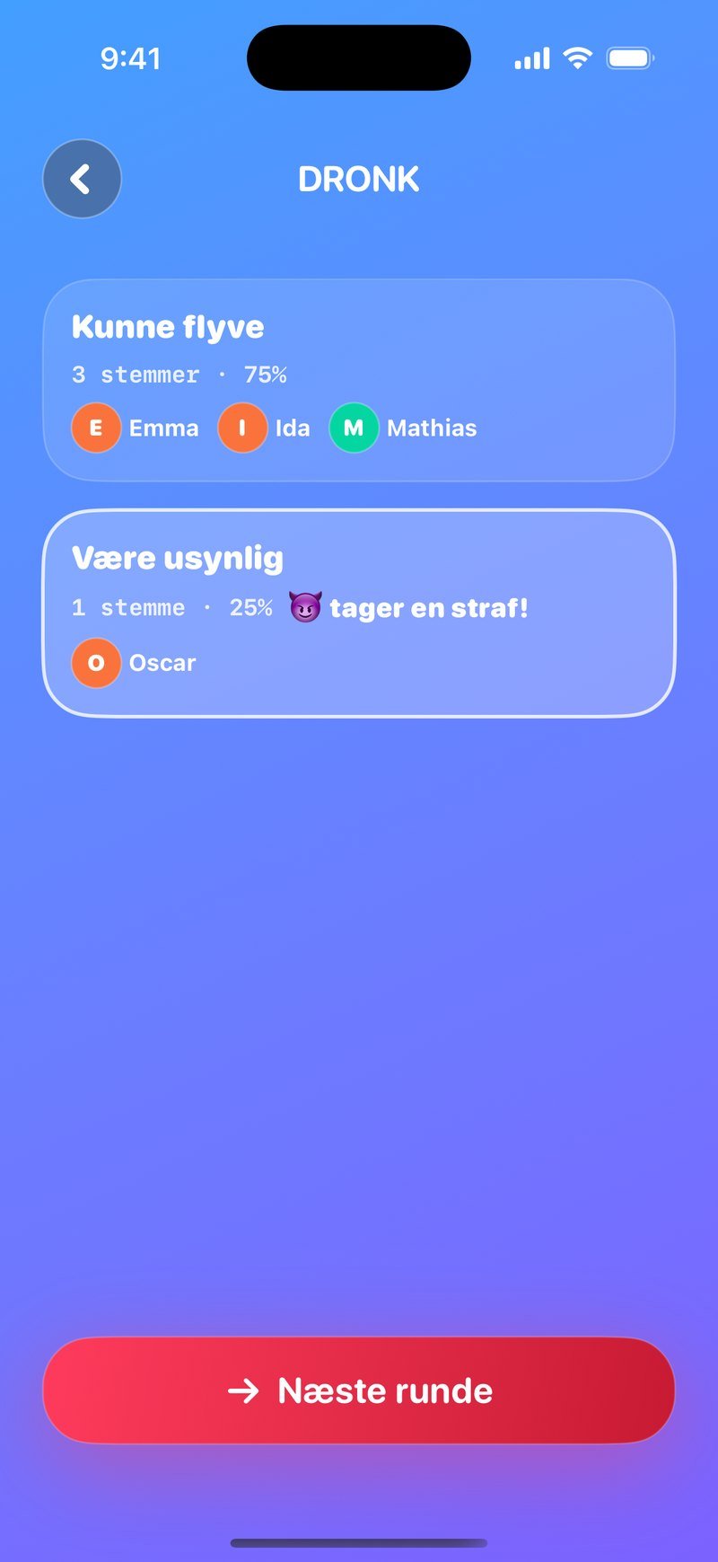 LIVE-resultat i Hvad vil du helst?: Kunne flyve 3 stemmer, 75 % med Emma, Ida og Mathias, mod Være usynlig 1 stemme, 25 % med Oscar, der tager en straf, og knappen Næste runde