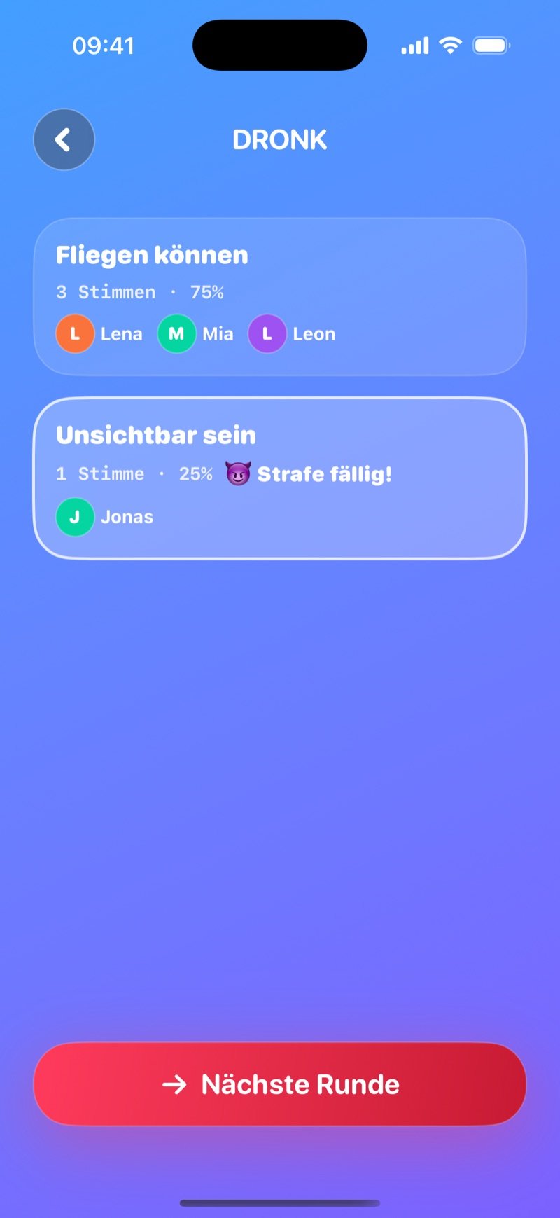Das LIVE-Ergebnis von Würdest du eher in Dronk: Be able to fly 3 Stimmen 75% vs Be invisible 1 Stimme 25%, Penalty time bei der Minderheit, Next-round-Button