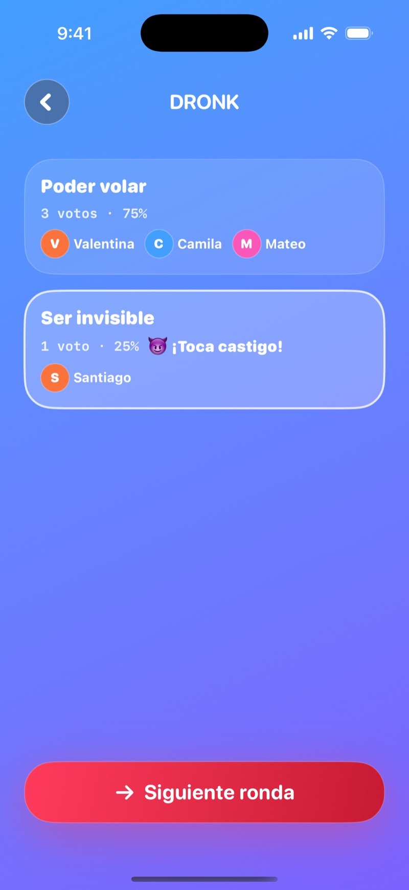 Resultado LIVE de Qué prefieres en Dronk: votos y porcentajes de cada lado, el castigo para la minoría y el botón Siguiente ronda
