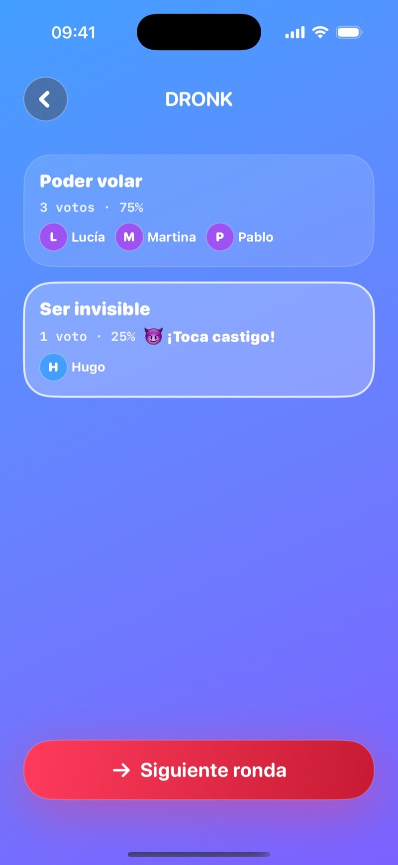 Resultado LIVE de qué prefieres en Dronk: Be able to fly 3 votos 75 % contra Be invisible 1 voto 25 %, Penalty time para la minoría, botón Next round (captura de la versión en inglés)