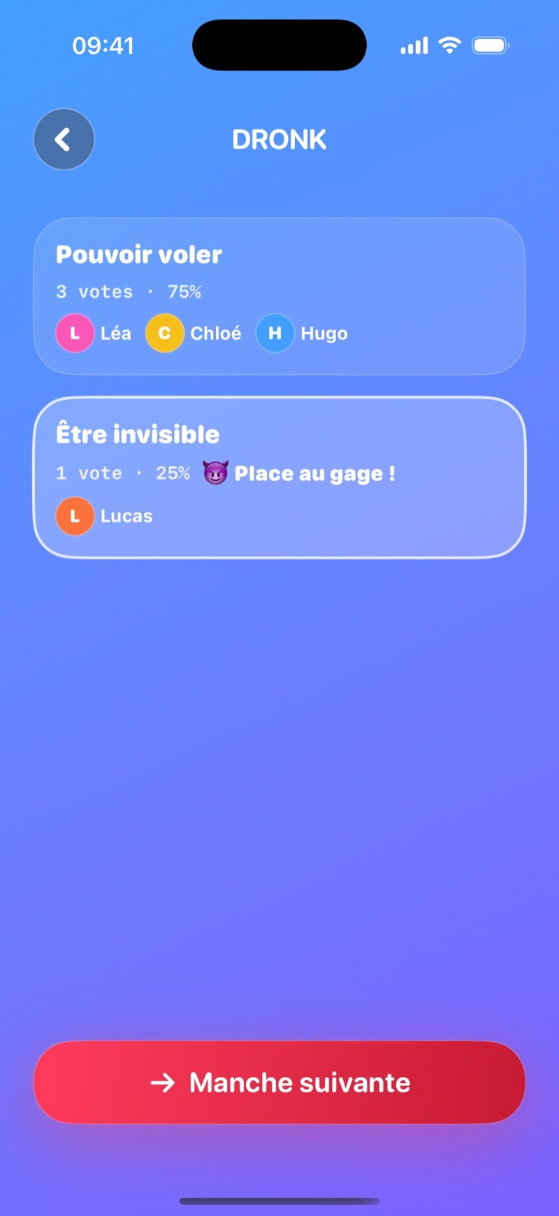Résultat LIVE de tu préfères dans Dronk : Be able to fly 3 votes 75% contre Be invisible 1 vote 25%, Penalty time sur la minorité, bouton Next round (capture de la version anglaise)