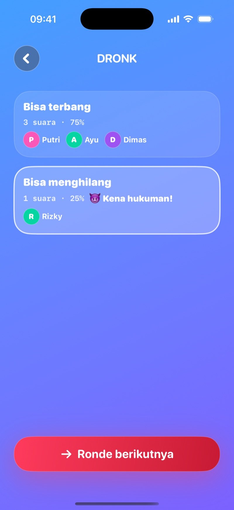 Hasil Kamu Pilih Mana? LIVE di Dronk: kedua pilihan dengan jumlah suara dan persentase, hukuman untuk minoritas, dan tombol Ronde berikutnya