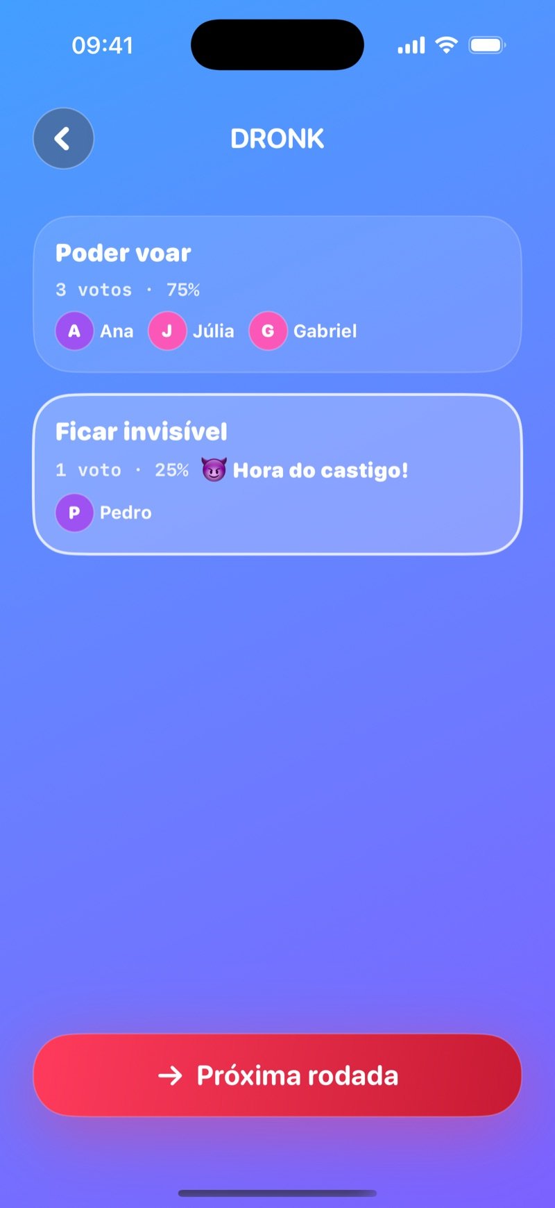 Resultado LIVE de O Que Você Prefere no Dronk: Be able to fly 3 votos 75% vs Be invisible 1 voto 25%, Penalty time (hora da prenda) para a minoria, botão Next round (captura da versão em inglês)
