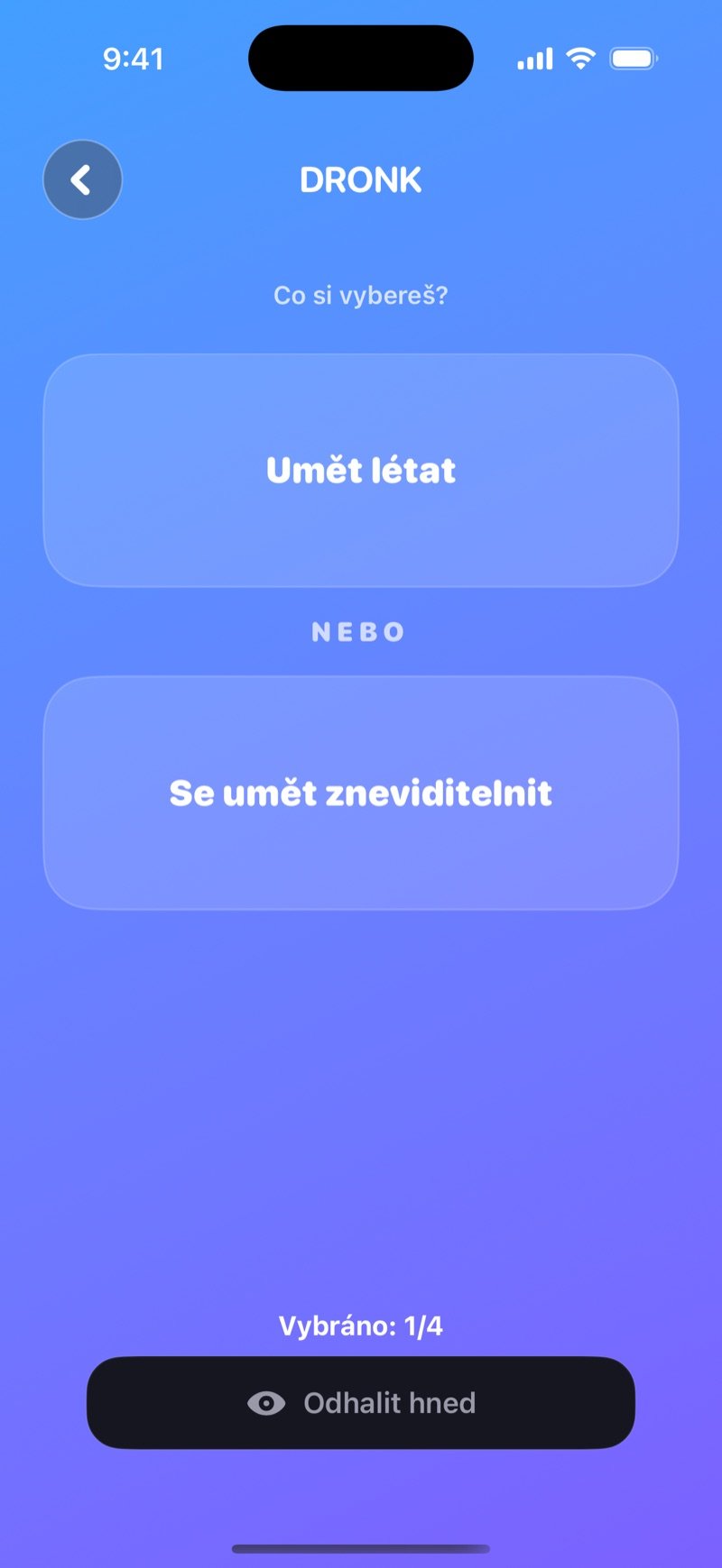 Hlasování v Co bys radši LIVE v Dronku: dvě možnosti, kolik hráčů už vybralo, a tlačítko Odhalit hned