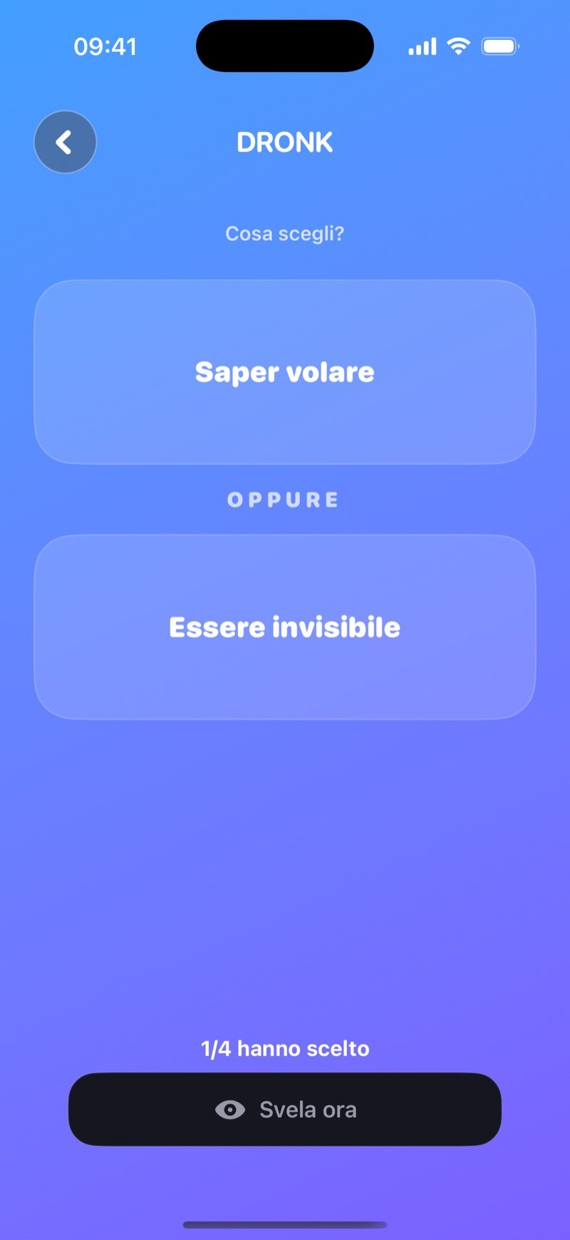 Voto LIVE di Preferiresti in Dronk: 'Be able to fly' o 'Be invisible', 1/4 hanno scelto, e il pulsante Reveal now (screenshot della versione inglese)