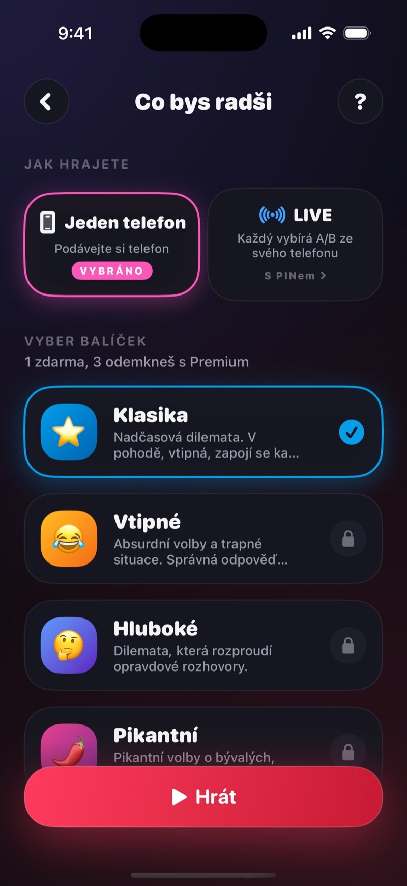 Nastavení hry Co bys radši v Dronku: volba Jeden telefon, možnost LIVE a vybraný balíček nad tlačítkem Hrát