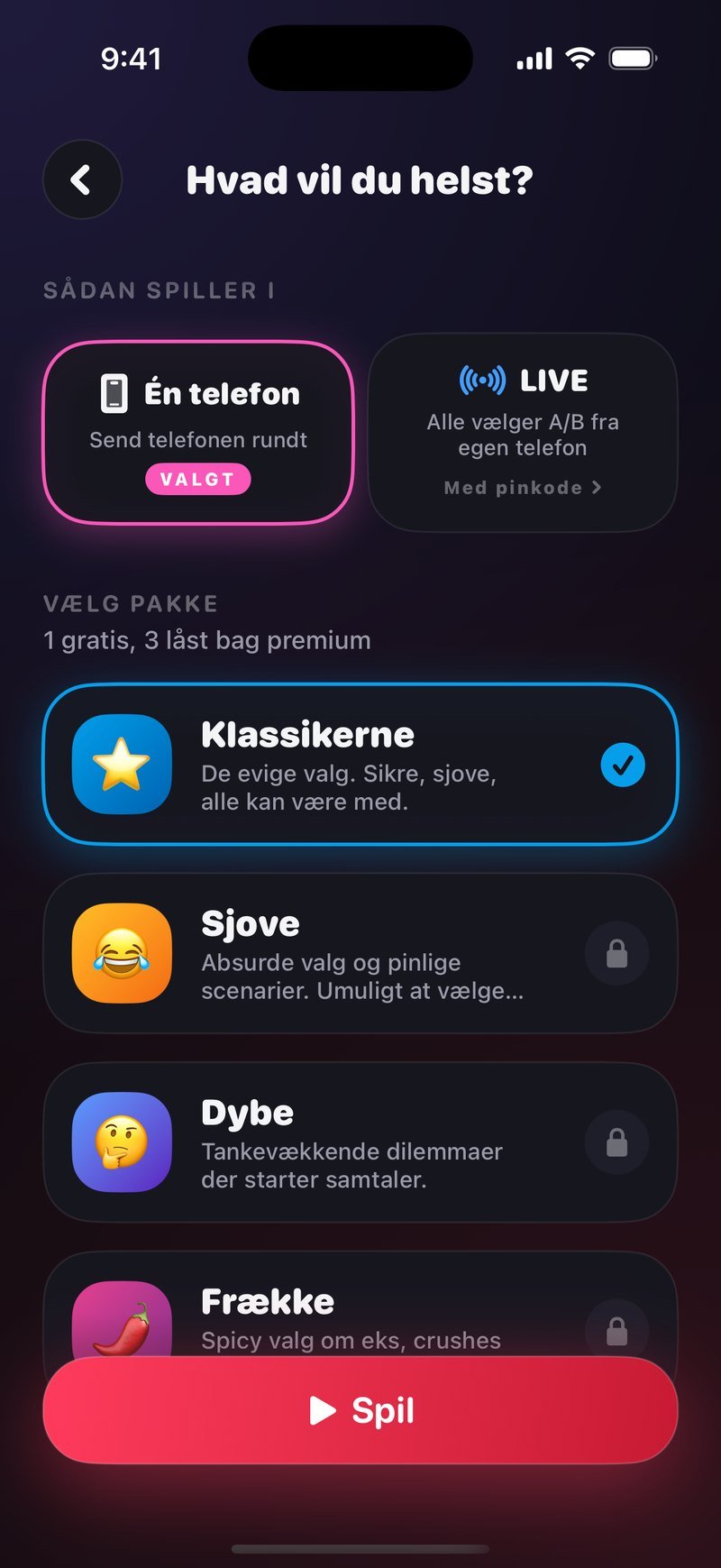Opsætningen i Hvad vil du helst?: Sådan spiller I med Én telefon valgt og LIVE med pinkode ved siden af, pakkerne Klassikerne, Sjove, Dybe og Frække med Klassikerne markeret, og knappen Spil