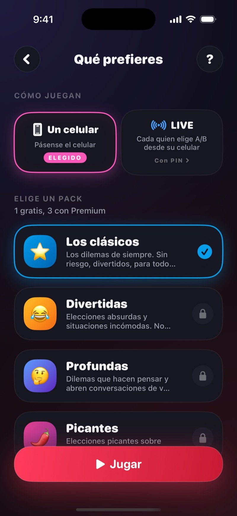 Pantalla de configuración de Qué prefieres en Dronk: elegir entre un celular o LIVE, y el paquete marcado encima del botón para jugar