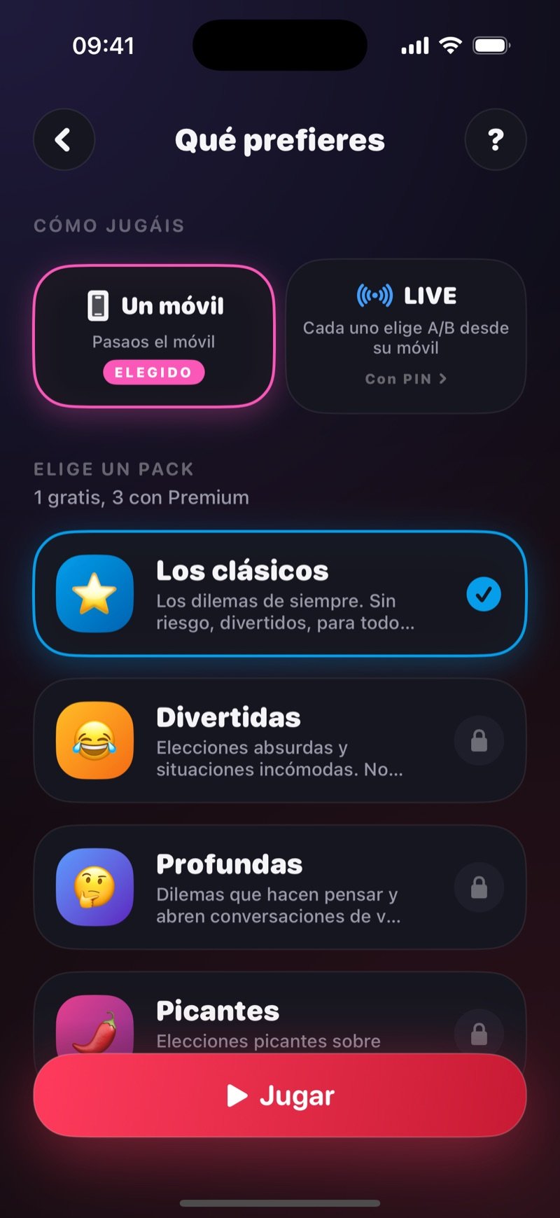 Pantalla de configuración de qué prefieres en Dronk: One phone seleccionado, una opción LIVE y el pack The Classics marcado encima del botón Play (captura de la versión en inglés)