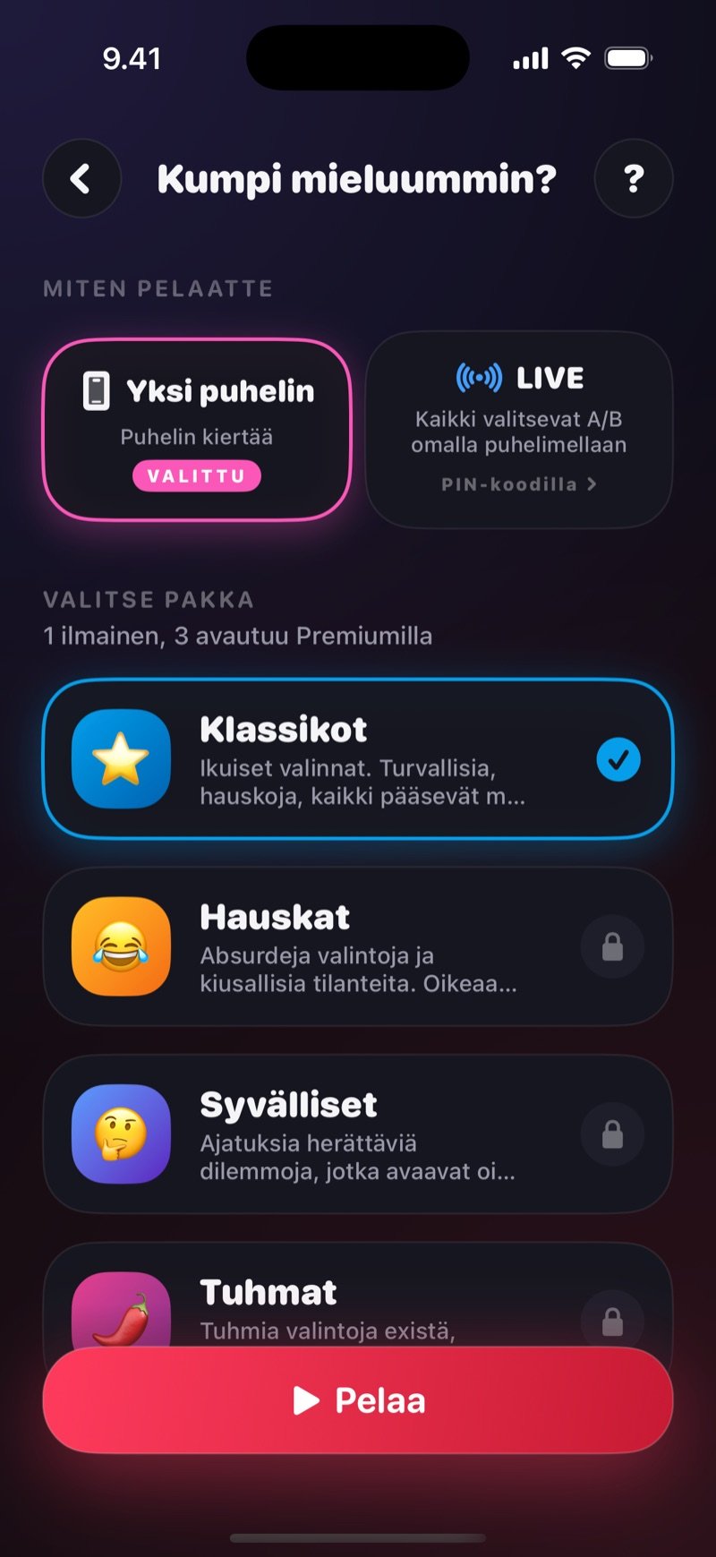 Kumpi mieluummin? -pelin asetukset Dronkissa: valinta yhden puhelimen ja LIVEn välillä, pakkalista ja Pelaa-painike