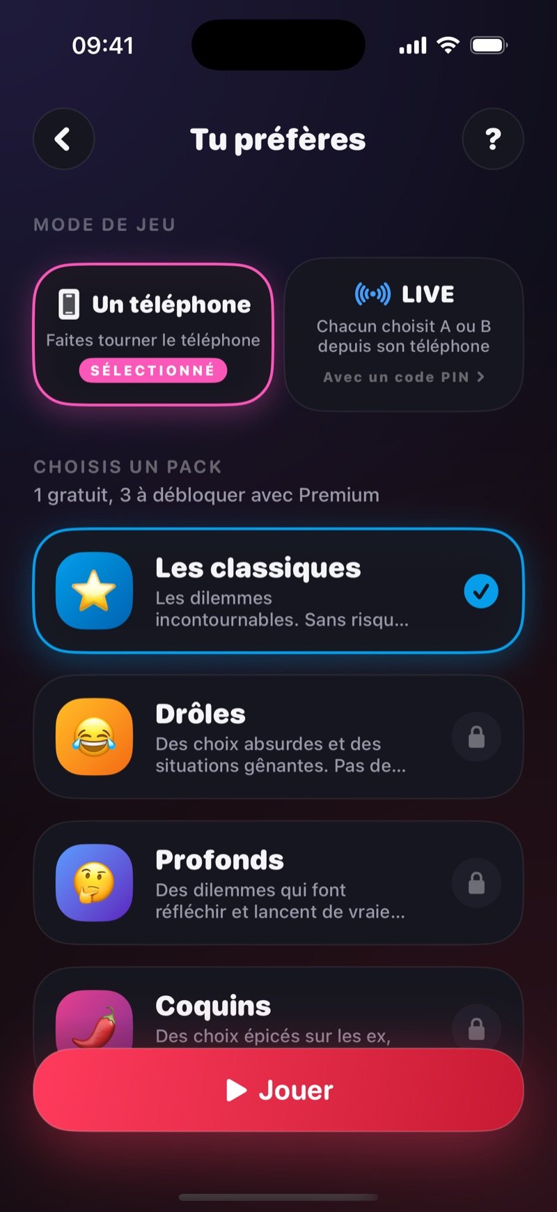 Écran de mise en place de tu préfères dans Dronk : One phone sélectionné, une option LIVE, et le pack The Classics coché au-dessus du bouton Play (capture de la version anglaise)