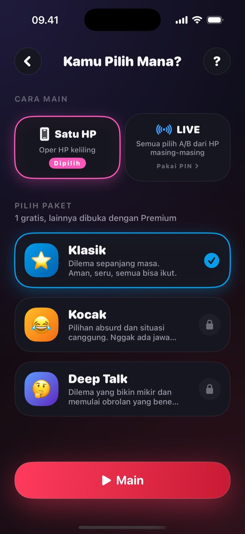 Layar persiapan Kamu Pilih Mana? di Dronk: pilihan Satu HP atau LIVE, dan daftar paket di atas tombol Main