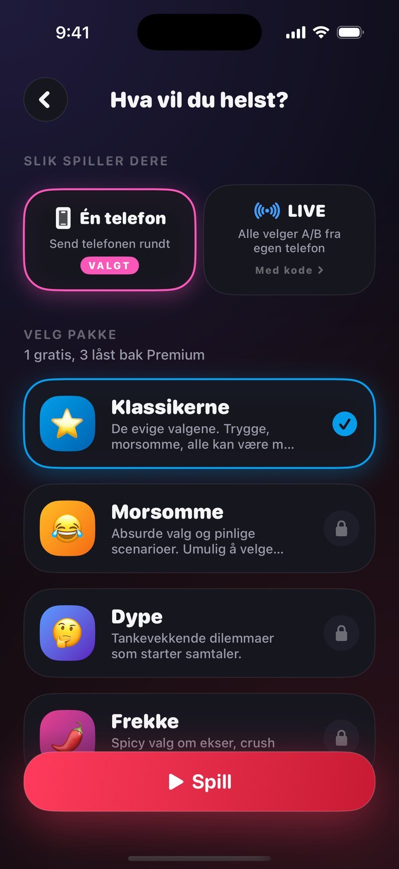 Hva vil du helst? i Dronk: pakkevelgeren med Klassikerne valgt og valget mellom én telefon og LIVE