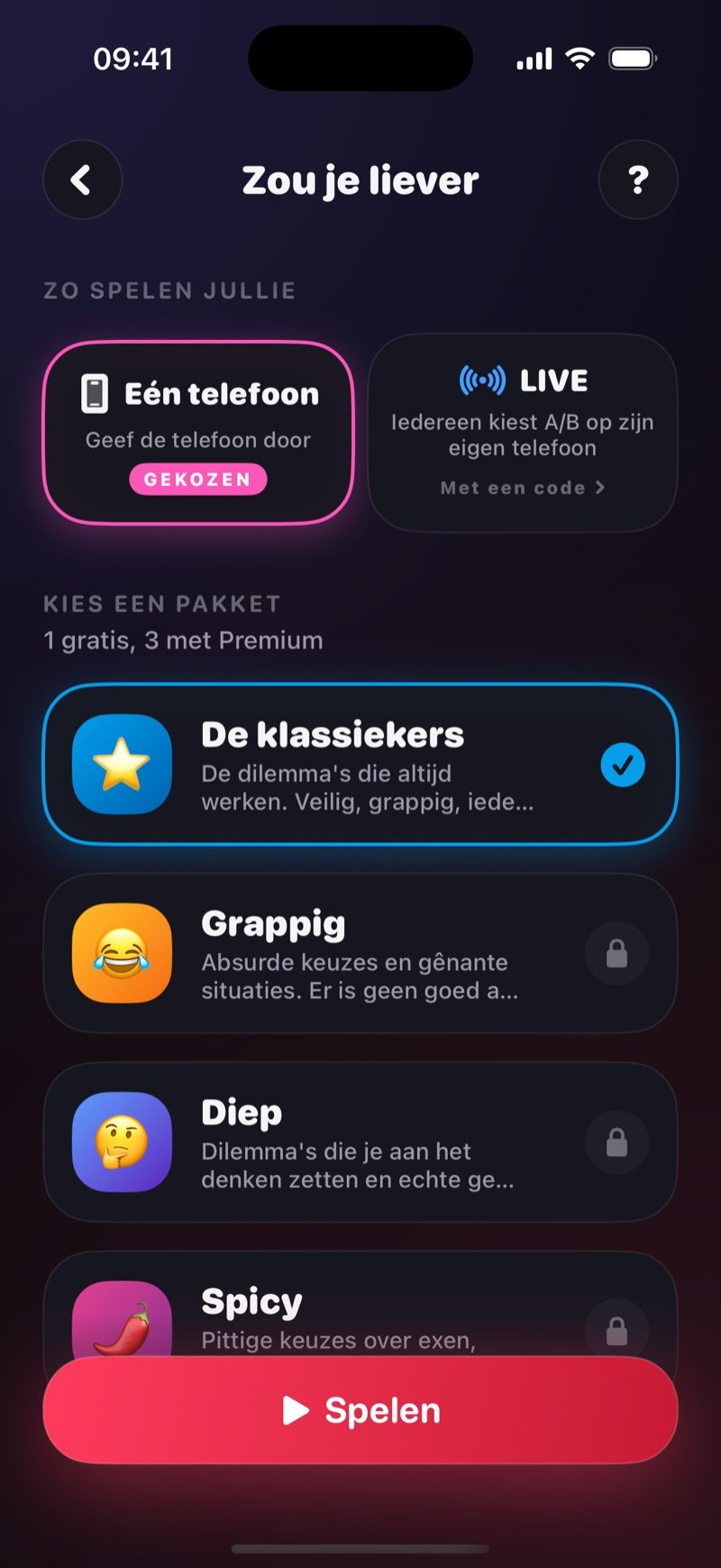 Setup-scherm van Zou je liever in Dronk: One phone geselecteerd, een LIVE-optie, en het pack The Classics aangevinkt boven de Play-knop (screenshot van de Engelse versie)