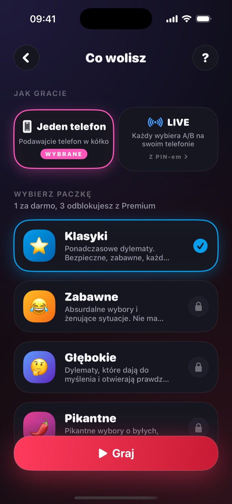 Ekran ustawień Co wolisz w Dronk: wybrane One phone, opcja LIVE i zaznaczona talia The Classics nad przyciskiem Play (zrzut z wersji angielskiej)