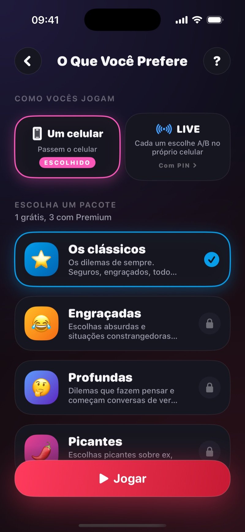 Tela de configuração de O Que Você Prefere no Dronk: One phone (um celular) selecionado, uma opção LIVE e o pacote The Classics marcado acima do botão Play (captura da versão em inglês)