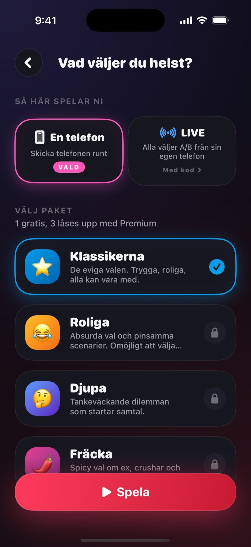Vad väljer du helst i Dronk: välj en telefon eller LIVE, och paketet Klassikerna är valt