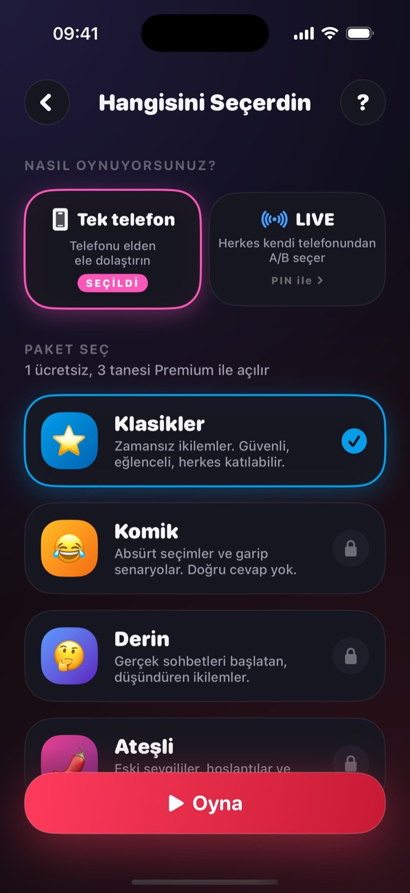 Dronk'ta Hangisini Seçerdin kurulum ekranı: Tek telefon ya da LIVE seçeneği, paket listesi ve Oyna düğmesi