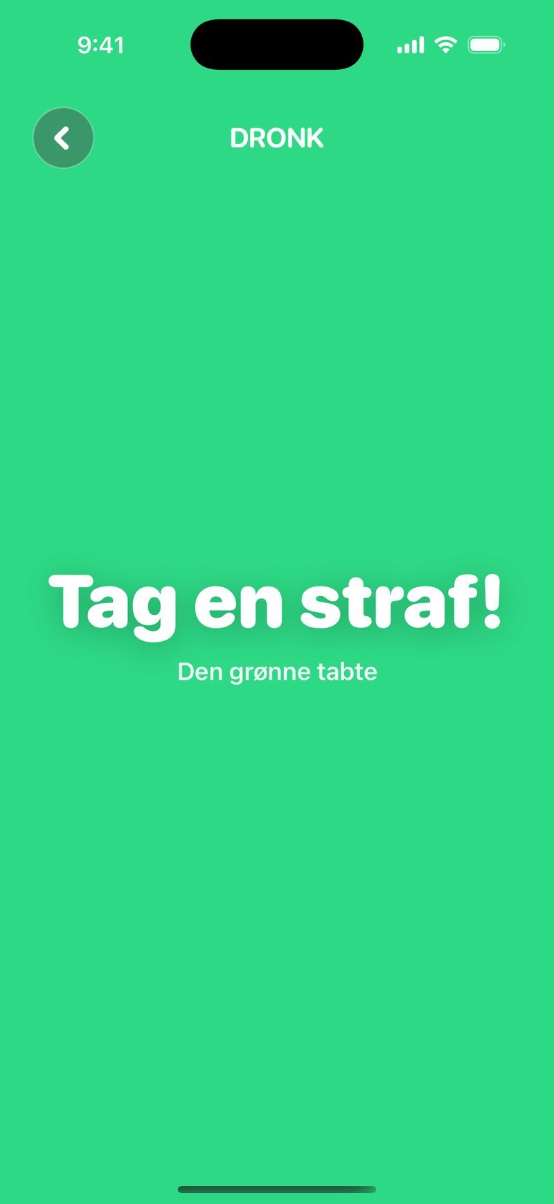 Resultatet i Fingerspil: hele skærmen er grøn med teksten Tag en straf! og Den grønne tabte