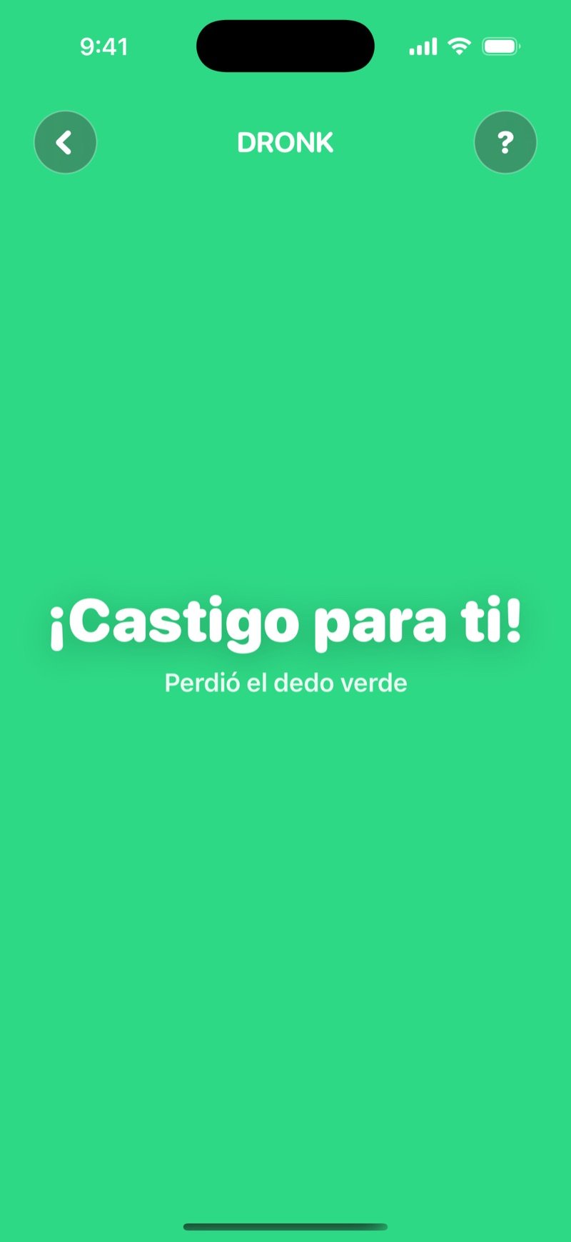 Resultado de Sorteo de dedos en Dronk: toda la pantalla de un color con el castigo para el dedo que perdió