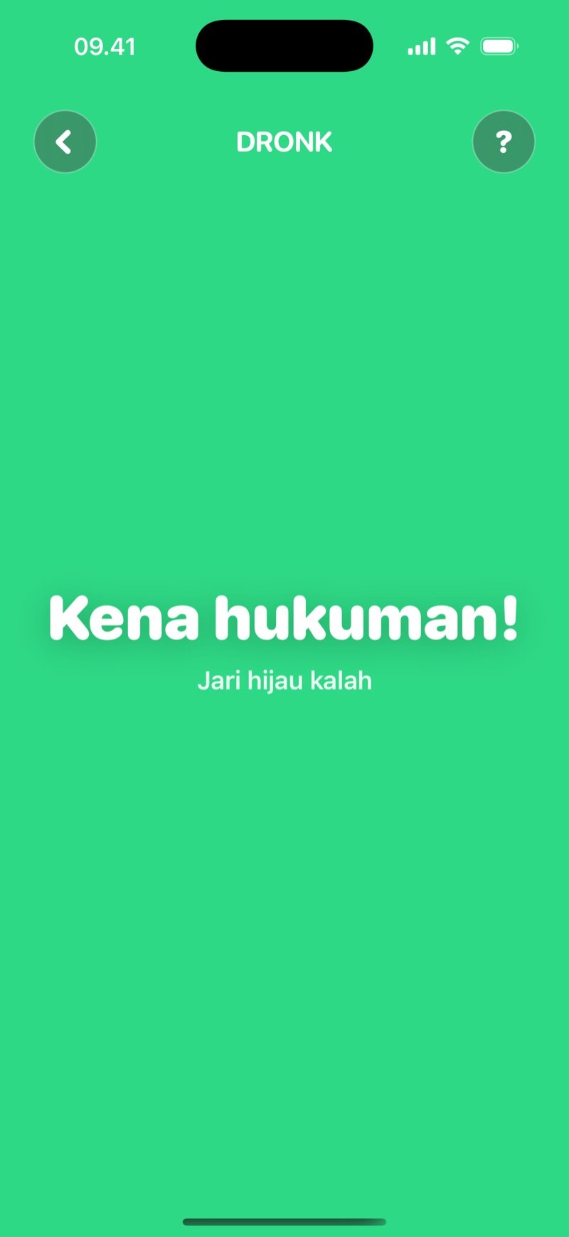 Hasil Undian Jari di Dronk: seluruh layar berubah warna jari yang terpilih, dengan teks bahwa jari itu kalah dan kena hukuman