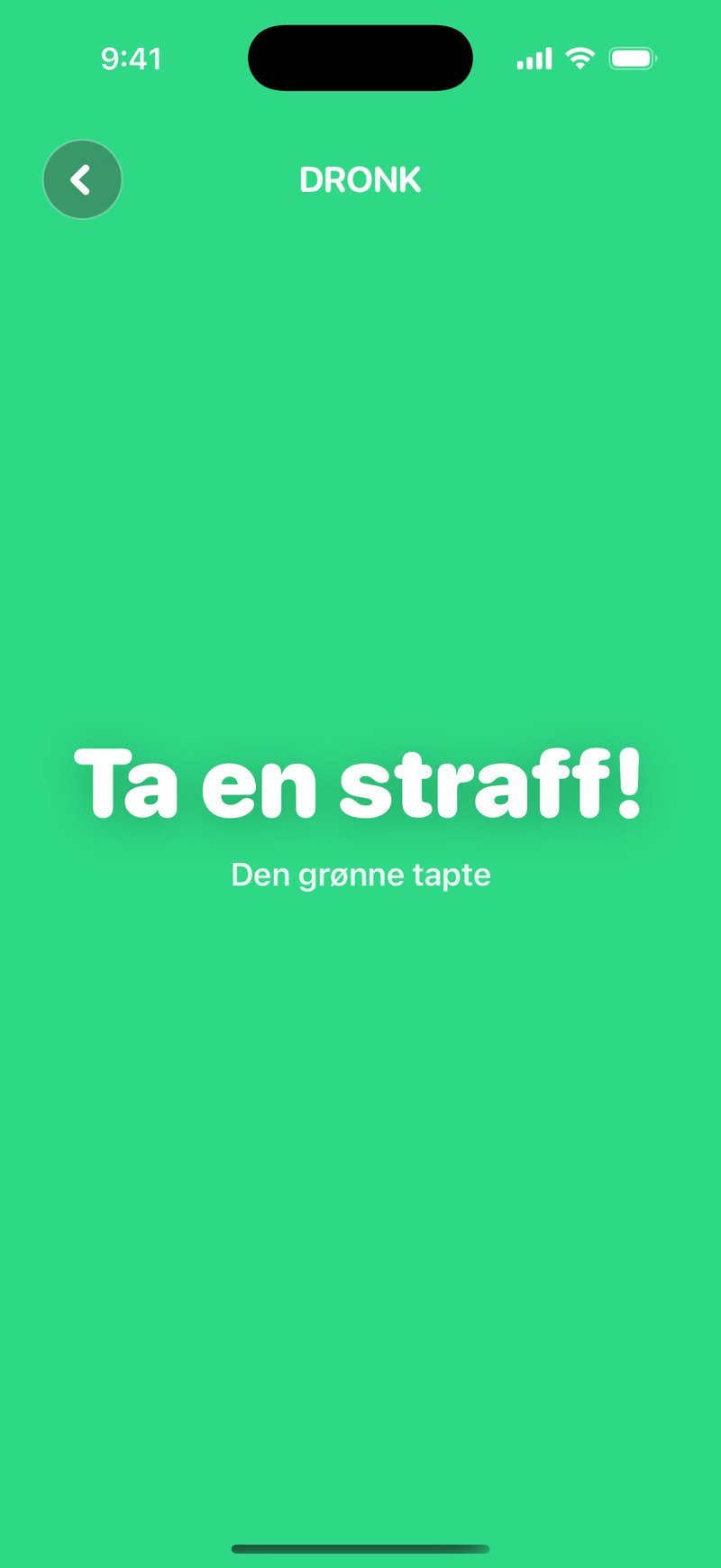 Resultatet i Fingerspill: hele skjermen er grønn med teksten Ta en straff! og Den grønne tapte