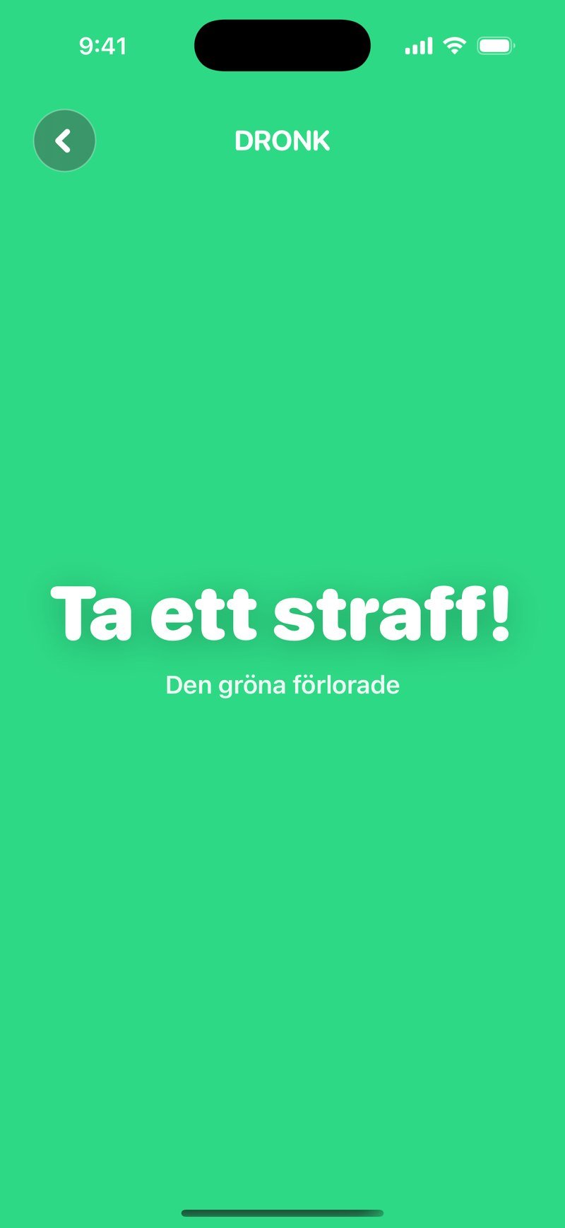 Resultatet i Fingerspelet: hela skärmen är grön med texten Ta ett straff! och Den gröna förlorade