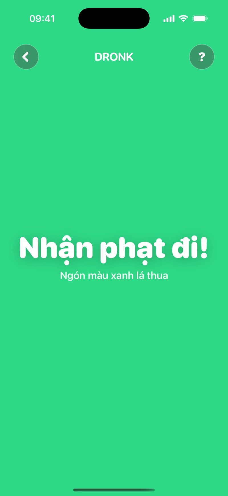 Kết quả Bốc thăm ngón tay trong Dronk: cả màn hình phủ màu của ngón tay bị chọn, kèm lời nhắc nhận phạt