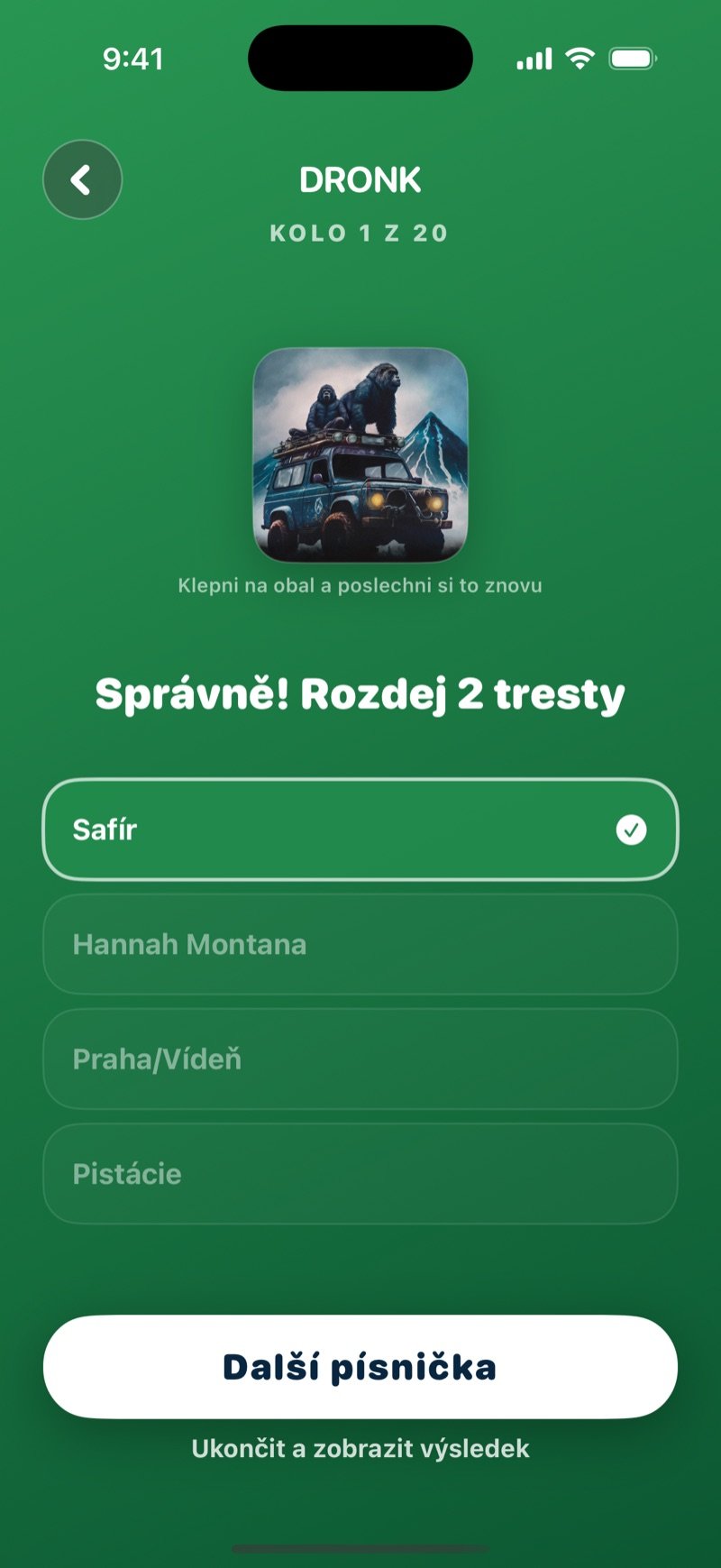 Hádej písničku po správné odpovědi: správný název označený fajfkou, text Správně! Rozdej 2 tresty, název písničky s rokem, tlačítko Další písnička a odkaz Ukončit a zobrazit výsledek