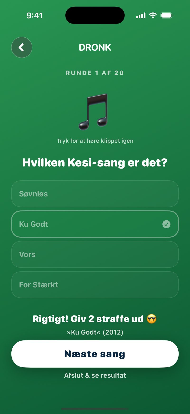 Efter et rigtigt svar i Gæt Sangen: Ku Godt er markeret med et flueben, teksten Rigtigt! Giv 2 straffe ud, facit »Ku Godt« (2012), knappen Næste sang og linket Afslut og se resultat
