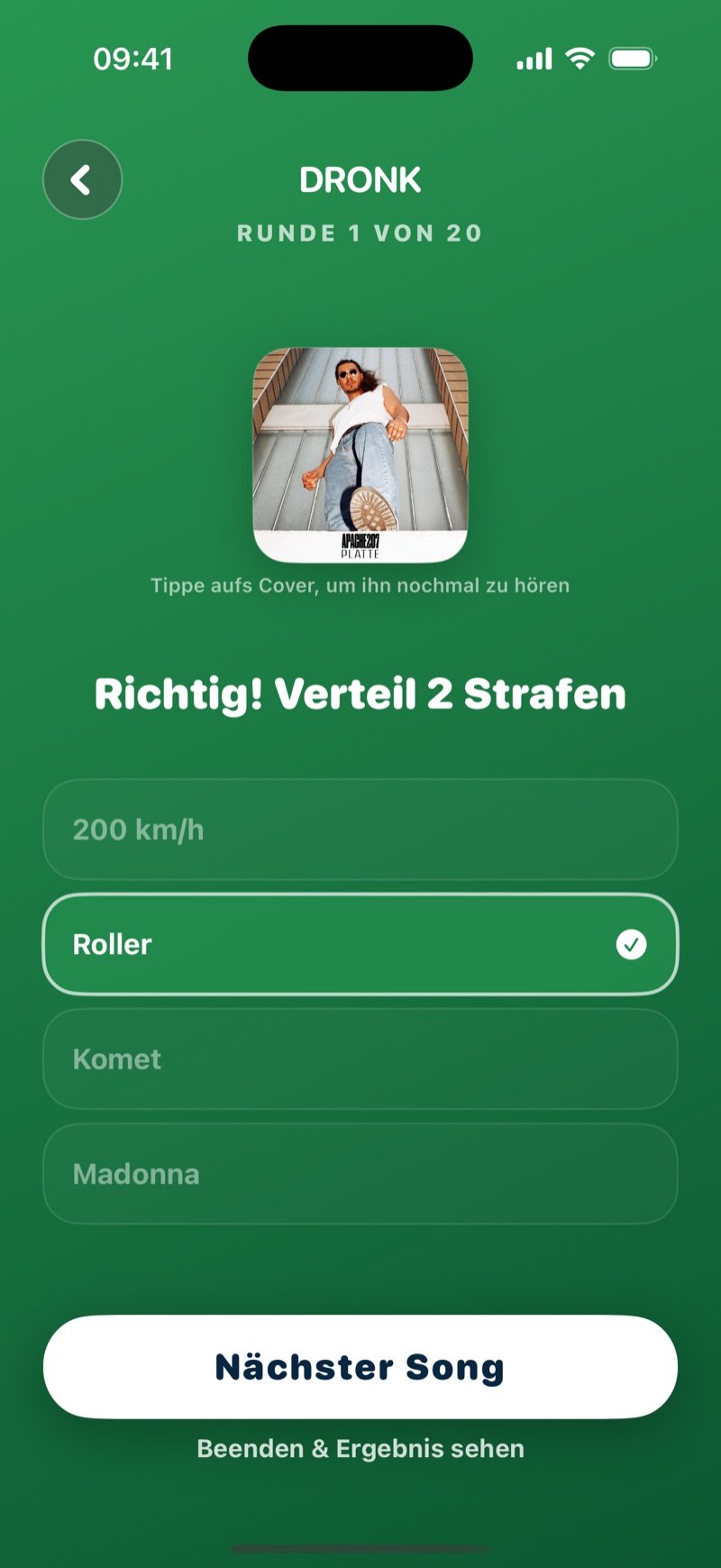 Songs erraten nach einer richtigen Antwort: Someone You Loved mit Häkchen markiert, der Text Correct! Hand out 2 penalties, die Antwort Someone You Loved (2018), ein Button Next song und ein Link Finish & see result