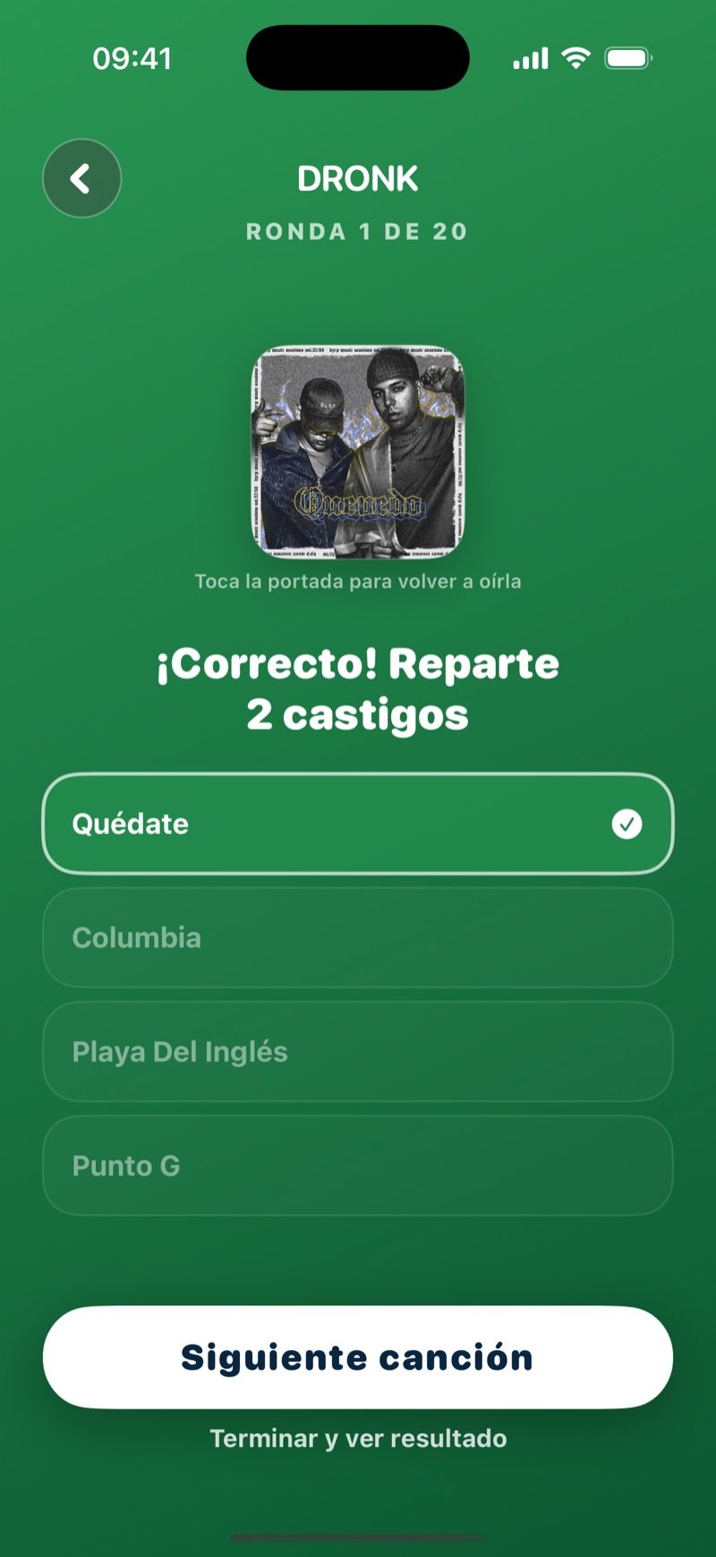 Adivina la canción tras una respuesta correcta: Someone You Loved marcada con un check, el texto Correct! Hand out 2 penalties, la respuesta Someone You Loved (2018), un botón Next song y un enlace Finish & see result (captura de la versión en inglés)