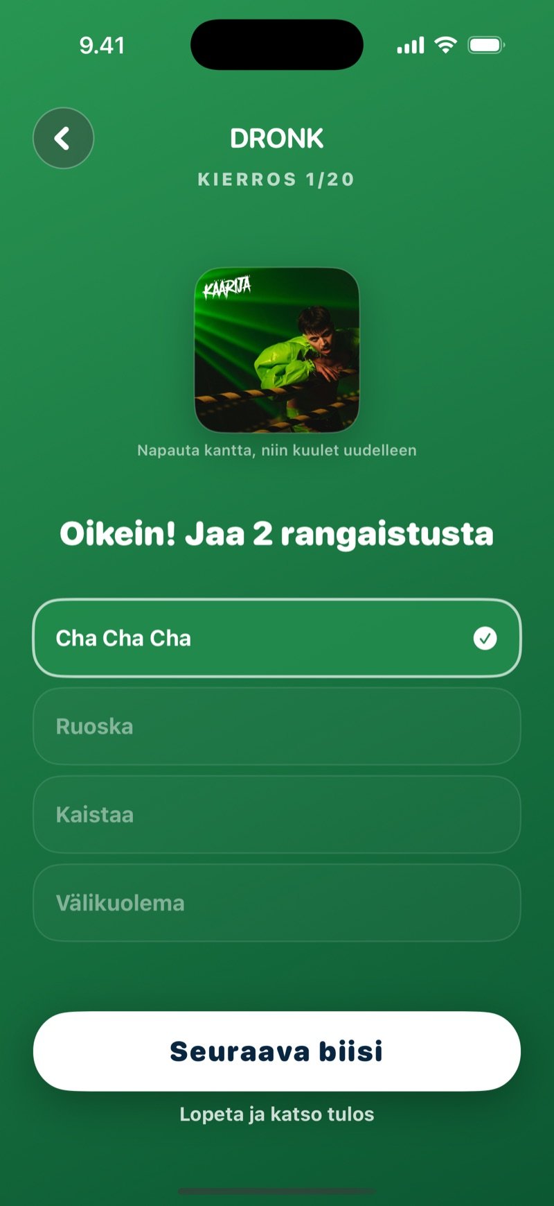 Arvaa biisi oikean vastauksen jälkeen: oikea nimi korostettuna ja merkitty rastilla, teksti Oikein! Jaa 2 rangaistusta, vastaus julkaisuvuoden kera, Seuraava biisi -painike ja Lopeta ja katso tulos -linkki